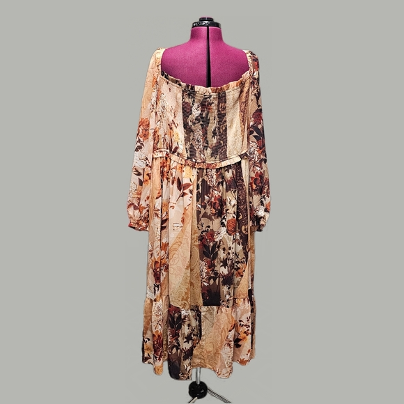 City Chic Floral Patchwork Smocked Floral Midi Dress Printed Long Balloon Sleeve - Picture 7 of 13